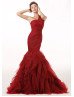 One Shoulder Burgundy Pleated Tulle Celebrity Wedding Dress